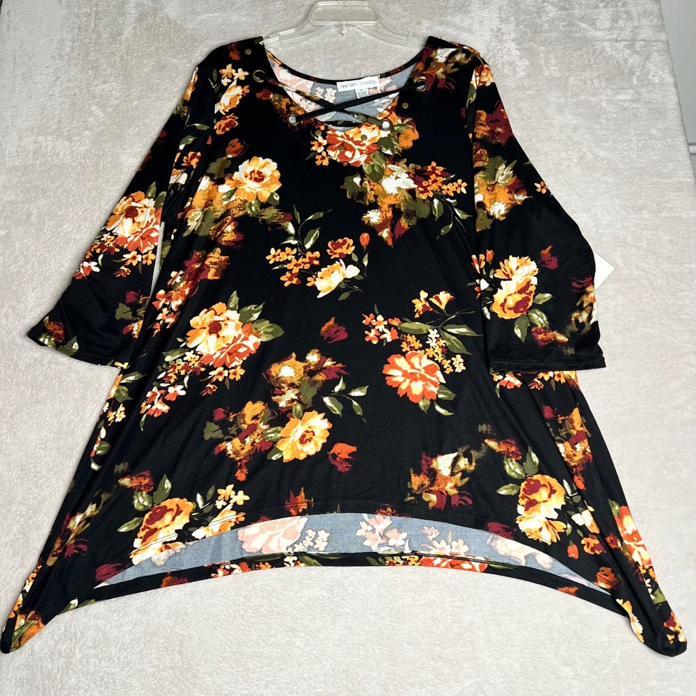 New York‎ Laundry Women's Black Floral Print Crisscross Neck Tunic Top Size 2X